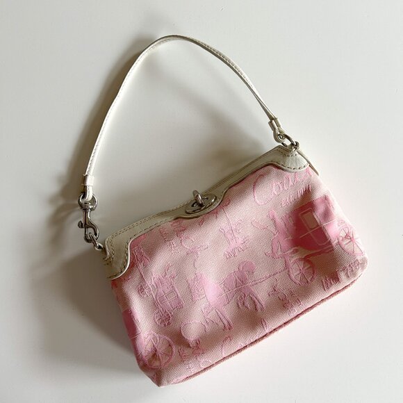 RARE Vintage Coach Y2K Pink Carriage Print Turn Lock Wristlet Mini Bag - Picture 1 of 10